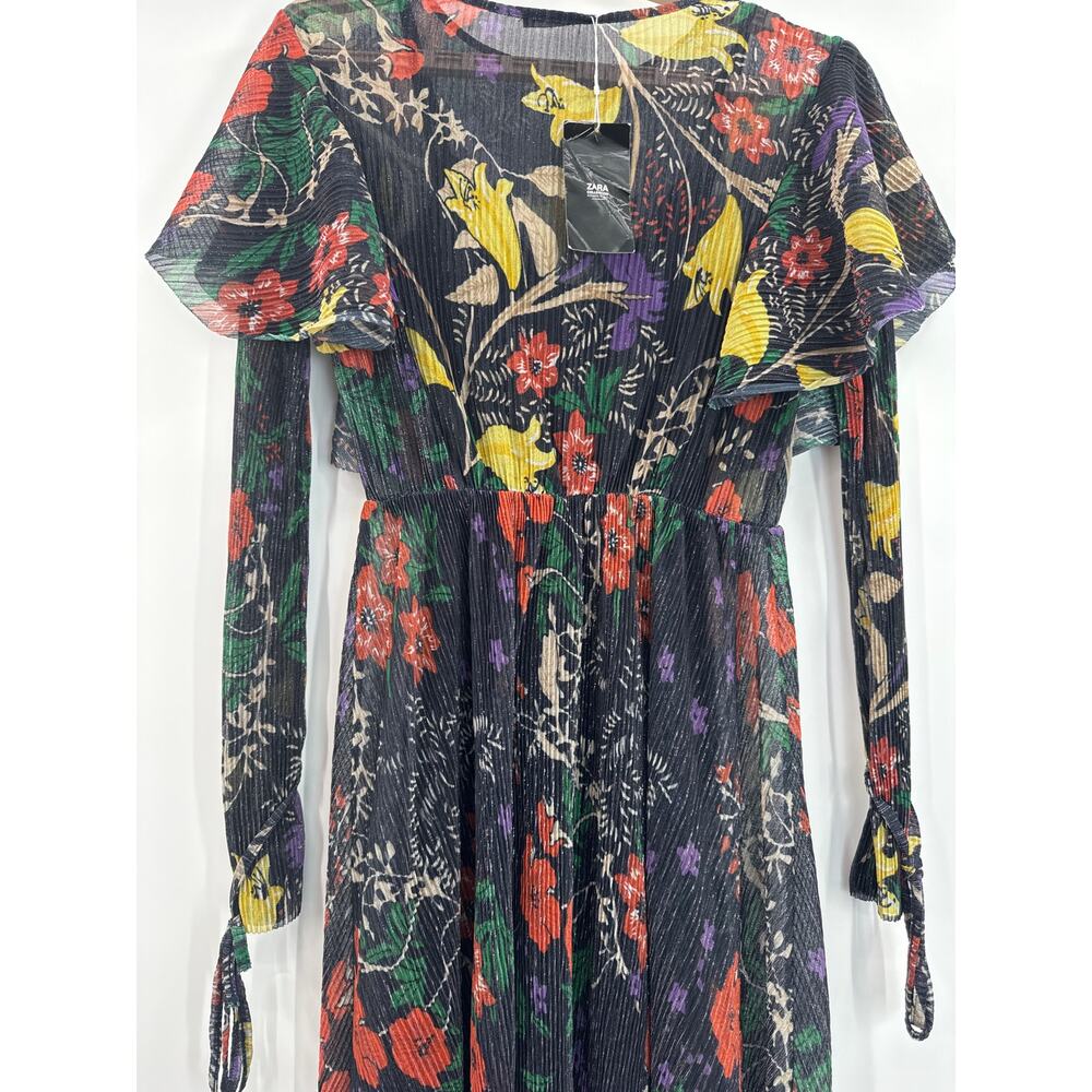 ZARA collection shiny pleated long sleeve ruffle shoulders floral dress size S - Picture 5 of 11